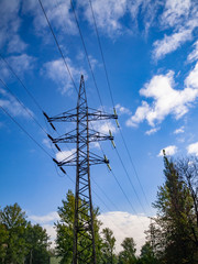 Wall Mural - High-voltage electric pylons and power lines against the blue sky and green trees.