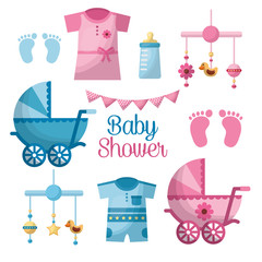 Poster - happy baby shower welcome girl and boy toes clothes pennants hanging toys bottle  pram  vector illustration