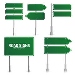 Wall Mural - Road green traffic sign. Blank board with place for text.Mockup. Isolated on white information sign. Direction. Vector illustration.