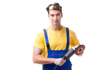 Contractor employee with sander isolated on white background