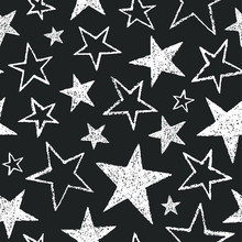 Brush Or Chalk Drawn Five-pointed Stars Of Different Size Seamless Vector Pattern. Rough Texture, Uneven Edges. Free Hand Drawn Cosmic, Space Background. Doodle Style White Star Shapes On Chalkboard. 