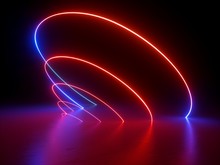 3d Render, Glowing Rings, Round Lines, Oval, Neon Lights, Virtual Reality, Abstract Background, Circles, Red Blue Spectrum, Vibrant Colors, Laser Show