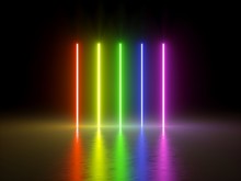 3d Render, Glowing Vertical Lines, Neon Lights, Abstract Psychedelic Background, Ultraviolet, Spectrum Vibrant Colors, Laser Show