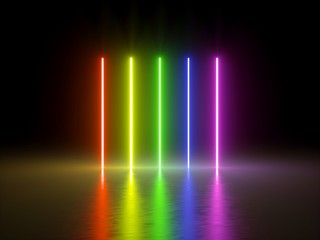 3d render, glowing vertical lines, neon lights, abstract psychedelic background, ultraviolet, spectr