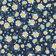 Black White Daisies Ditsy Seamless Pattern. Great For Summer Vintage Fabric, Scrapbooking, Wallpaper, Giftwrap. Suraface Pattern Design.