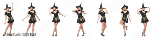 Beautiful witch in black dress isolated on white Tableau sur Toile