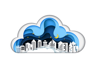Aufkleber - Night urban city with sky,clouds,stars and moon.Nature landscape scenery background of paper art carving design.Vector illustration.