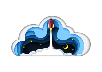 Aufkleber - Rocket ship launch flying to space paper art style design.Business startup concept.Vector illustration