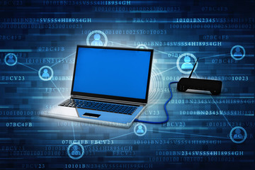 Poster - 3d rendering Transmitter Wi-Fi modem with laptop
