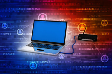 Poster - 3d rendering Transmitter Wi-Fi modem with laptop

