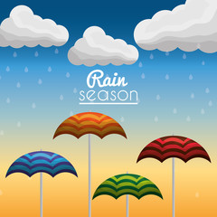 Poster - rain season open striped umbrellas cloud gradient background