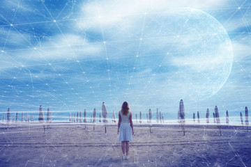 Wall Mural - Woman stands on beach with abstract cyberspace network background