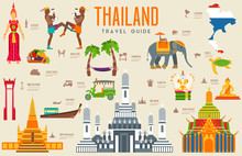 Country Thailand Travel Vacation Guide Of Goods, Places And Features. Set Of Architecture, Fashion, People, Items, Nature Background Concept. Infographic Traditional Ethnic Flat Icon Template Design 