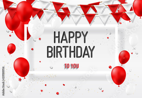 Happy Birthday Greeting Card with red white balloons and 