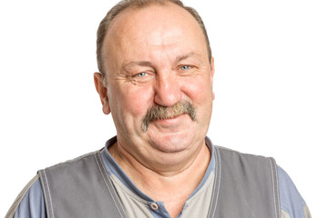 Adult man with a mustache laughing, isolated on white background