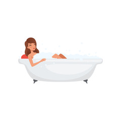 Sticker - Young woman taking bath in bubble bathtub, people activity, daily routine vector Illustration on a white background