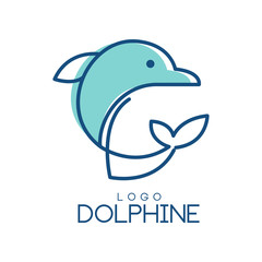 Poster - Dolphine logo design, abstract emblem with dolphin in blue colors vector Illustration on a white background