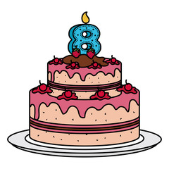 Poster - delicious cake with candle number eight celebration vector illustration design