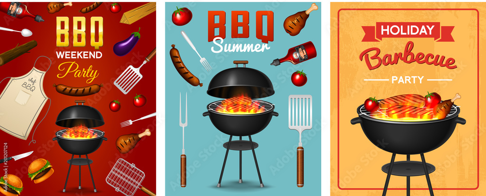Barbecue grill elements set isolated on red background. BBQ party ...