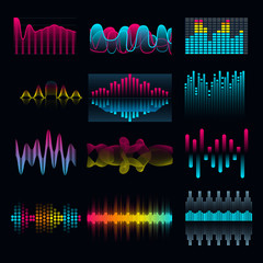 Set of music equalizer audio waves design template audio signal visualization illustration. Colorful light audio signal.