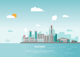 Wall Mural - Industrial factory in the sea on flat style. Vector and illustration of manufacturing building.