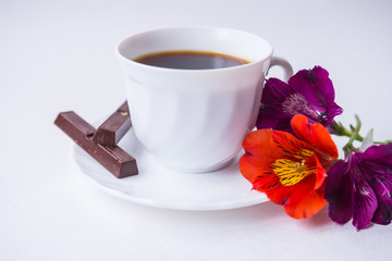 white cup with coffee on white background with flowers of wild orchid and two chocolates 