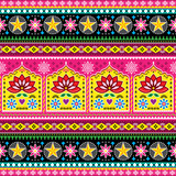 Fototapeta Kuchnia - Indian truck art floral seamless folk art pattern, Pakistani Jingle trucks vector design,  vivid ornament with lotus flowers and abstract shapes
