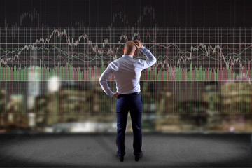 Poster - man in front of a wall writing on a stock exchange interface - tradex concept