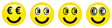 Euro Smiley Emoticon. Yellow 3d Emoji With Black And White Euro Symbols In Place Of Eyes.