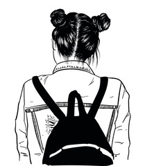 illustration of beauty girl with fashionable backpack and double dark buns. Perfect salon look.Trendy poster for textile, fabric, web, wallpaper, poster, home design, office design.