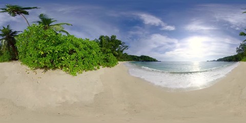 Wall Mural - 360 degree view 4k video sand beach and tropical sea on seychelles island on sunny vacation day, recorded in 8K
