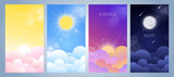 Fototapeta  - Set of morning, day, evening and night sky illustration with sun, clouds, moon and stars, sunset and sunrise. Weather app screen, mobile interface design