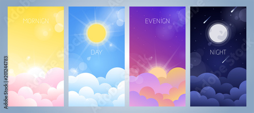 Set of morning, day, evening and night sky illustration with sun ...