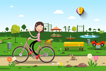 Poster - Woman on Bicycle in City Prak with Playground on Background - Vector