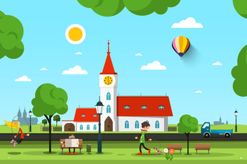 Poster - City Park with Church and People - Vector