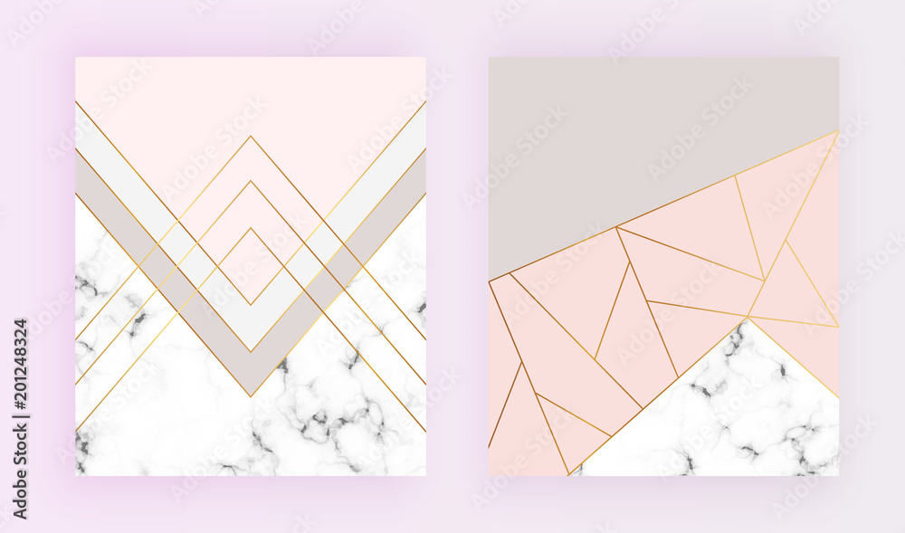 Modern geometric designs with marble texture, gold lines, triangles, pastel pink, grey colors background. Trendy template for invitation, card, banner, wedding, placard, party, flyer, brochure - obrazy, fototapety, plakaty 