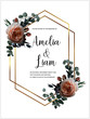 Floral wedding invitation card with rose,succulent,eucalypyus leaves in watercolor style. Botanical template with golden frame and flowers for invite, greeting and covers, poligraphy