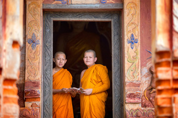 Two novices are standing reading books together in the temple.