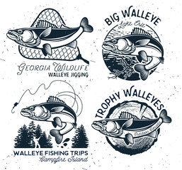 Wall Mural - Vintage Walleye Fishing Emblems and Labels.