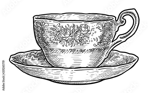 Cuadros en Lienzo Antique porcelain cup of tea illustration, drawing, engraving, ink, line art, ve