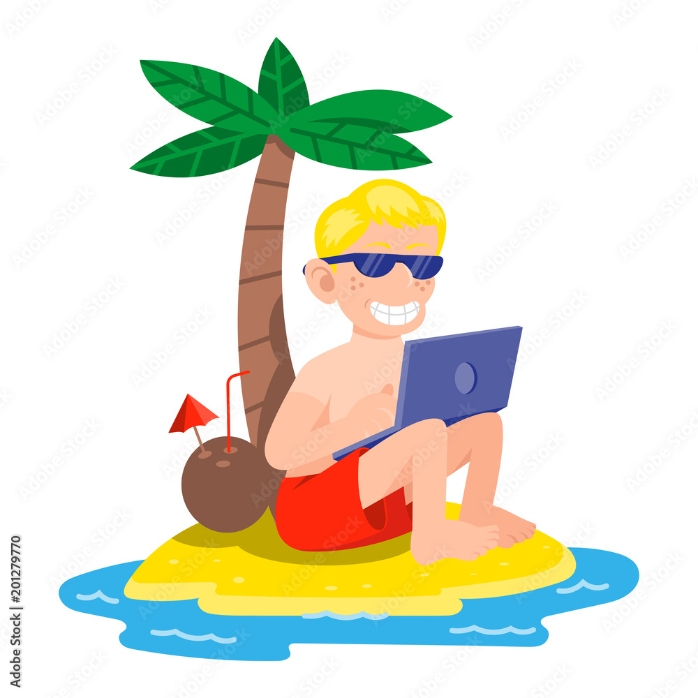 Happy young man freelance work outside tropical island near ocean. Business  independent job summer hot sun relax beach. Vector modern style  illustration cartoon character isolated white background Stock Vector |  Adobe Stock, image size:1000x1000