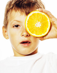 little cute boy with orange fruit double isolated on white smili