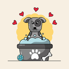 Canvas Print - cute dog mascot having a bath with bubbles ball bone and hearts love vector illustration