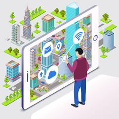 Fototapete - Smart city vector illustration. Man user and smartphone withresidential smart city infrastructure with internet cloud connection and technology communication. Isometric cartoon flat design