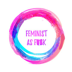 Wall Mural - Women's March. Female hand with her fist raised up. Girl Power. Feminism concept. Realistic isolated vector illustration in pink hand drawn watercolor circle. Sticker