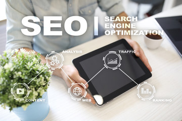 Wall Mural - SEO. Search Engine optimization. Digital online marketing andInetrmet technology concept.