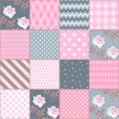 Wall Mural - Seamless patchwork pattern from patches with floral and geometric ornament. Print for fabric, quilt, paper, wallpaper, wrapping design.