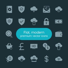 Poster - Modern Simple Set of money, cloud and networking, security, video Vector fill Icons. ..Contains such Icons as  shopping,  disc,  business and more on dark background. Fully Editable. Pixel Perfect.