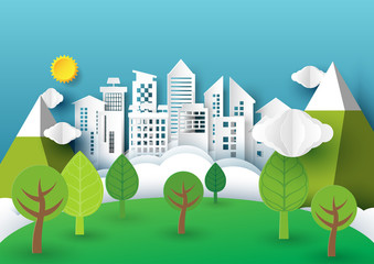 Poster - Nature urban forest landscape creative idea concept design.Origami city on blue sky paper art style.Vector illustration