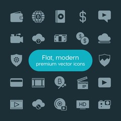 Poster - Modern Simple Set of money, cloud and networking, security, video Vector fill Icons. ..Contains such Icons as cloud,  game,  secure,  world and more on dark background. Fully Editable. Pixel Perfect.
